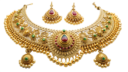 Exquisite gold necklace and earring set isolated on transparent background, showcasing traditional indian jewelry design and craftsmanship
