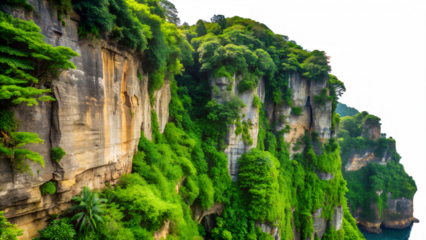 Dramatic cliffs covered in lush greenery, showcasing the natural beauty of a coastal landscape with unique rock formations and vegetation isolated on transparent background