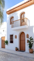 Charming Mediterranean facade with wooden doors and balcony