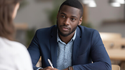 Over the shoulder shot of a Hispanic HR manager jotting notes while asking a young Black man about his job experience office warm and professional HR interview notes job