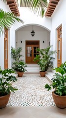 Serene courtyard oasis with lush plants and ornate details