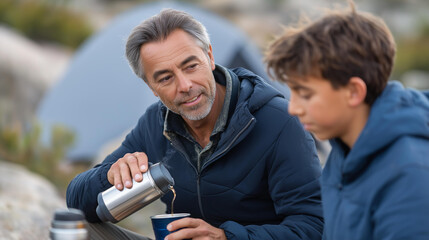 Middle aged man pouring tea from a thermos for a teenage boy their folding chairs set by a tent rocky landscape around camping refreshment father son bonding outdoor fishing