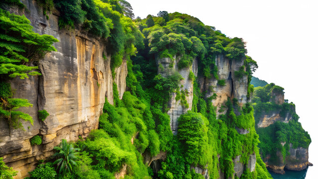 Dramatic cliffs covered in lush greenery, showcasing the natural beauty of a coastal landscape with unique rock formations and vegetation isolated on transparent background - Powered by Adobe