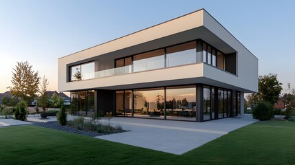 Stunning modern home with expansive windows at sunset