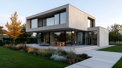 Modern concrete house with large windows and garden