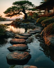 Path of smooth stones leading through a peaceful Zen garden.