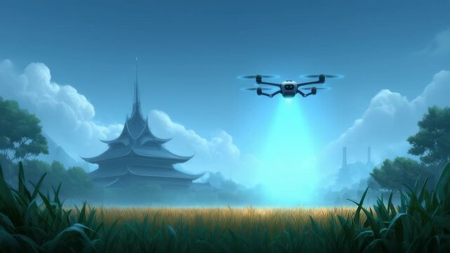 Drone Inspecting Rice Fields in Rural Scenery