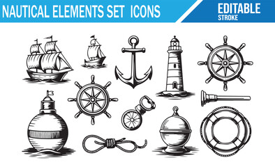 Set of nautical elements icons in editable stroke style, including sailing ships, anchors, lighthouse, compass, lifebuoy, rope, helm, and marine symbols for ocean, navigation, and maritime themed desi
