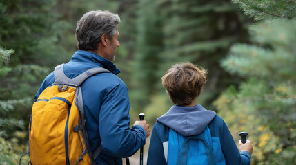 Middle aged man and teenage boy hiking through a forest backpacks loaded trekking poles clicking lush trees surrounding father son hiking outdoor adventure forest bonding