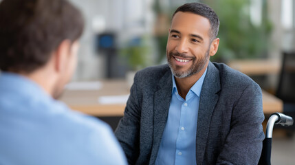 Obraz premium African American HR manager engaging a Hispanic man in a wheelchair discussing his work experience with warmth in a bright office inclusive hiring HR interview disability