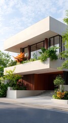Stunning modern home with lush greenery and clean lines