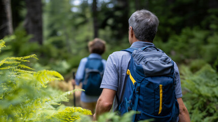 Naklejka premium Middle aged man and boy hiking through a dense forest backpacks heavy trekking poles clicking greenery enveloping them father son hiking forest adventure outdoor bonding nat