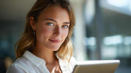 Young Caucasian woman tapping away on a digital tablet in a sleek office sunlight streaming through a window her gaze meeting the camera with confidence office productivity dig