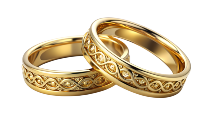 Elegant gold wedding rings isolated on transparent background, symbolizing eternal love and commitment with intricate detailing and a timeless design
