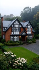 Elegant Tudor home with lush garden and misty woods