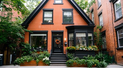 Charming brick home with lush greenery and vibrant flowers