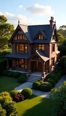 Elegant brick manor with lush gardens bathed in sunlight