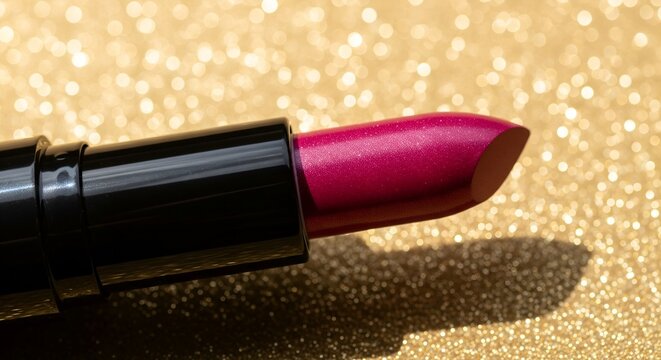 Close up of a rich berry colored lipstick with a glossy finish on a sparkling gold background