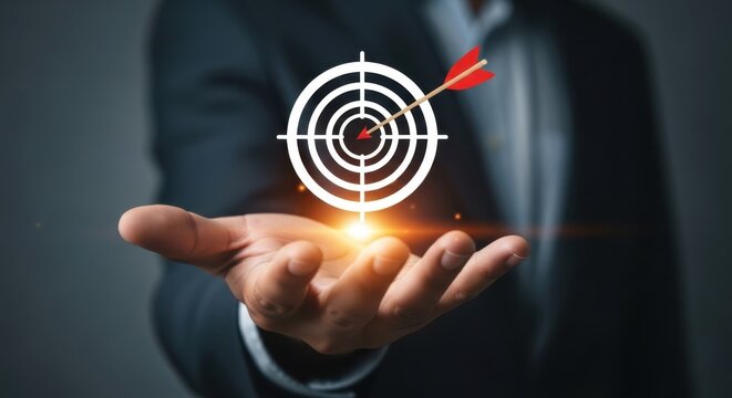 Businessman holding a target with an arrow in the center, symbolizing success and achievement