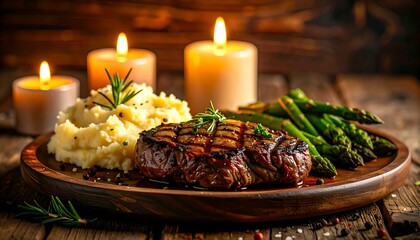 A romantic candlelight dinner featuring a perfectly grilled beef steak with creamy mashed potatoes and fresh asparagus on a rustic table