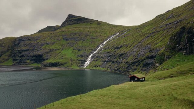 Drone Footage of Saksun Village with Turf-Roof Houses, Faroe Islands