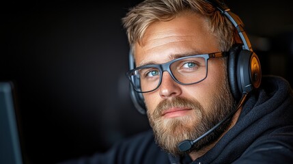 A focused young man with glasses and a headset is looking directly at the camera, suggesting concentration in a tech-centric setting, Ideal for articles on remote work, gaming