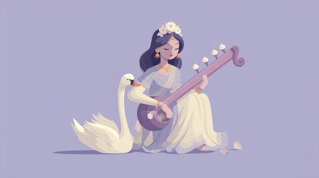 Goddess Saraswati Playing Veena with Swan Illustration