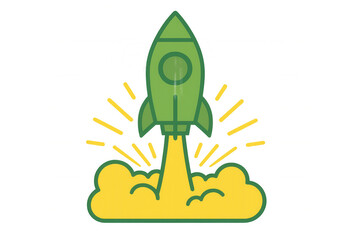 Green cartoon rocket launching with yellow flames and transparent background, ideal for startup and innovation concepts