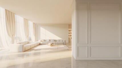 Bright minimalist white living space with marble floor and golden light