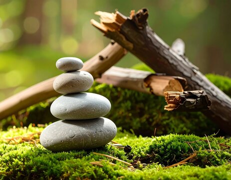 Stacked stones on mossy ground, forest setting. Sunlight filters through trees