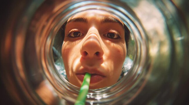 Woman's face drinking from a straw seen from inside a glass