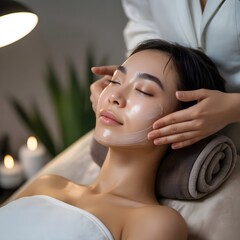 Woman Receiving Professional Face Mask Treatment in Luxurious Spa with Candles