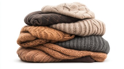 A cozy stack of knitted sweaters in warm, earthy tones, perfect for seasonal fashion, winter promotions, or interior decor themes showcasing comfort and warmth during colder months,