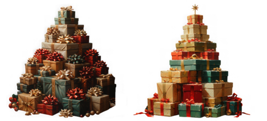 Two pyramids of christmas gifts, each a tower of presents wrapped in colorful paper and ribbons, creating a festive and joyful scene isolated on transparent background
