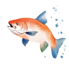 Watercolor Illustration of a Vibrant Orange Fish with Blue Accents