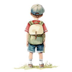 Watercolor Illustration of a Young Boy Facing Away Ready for Adventure
