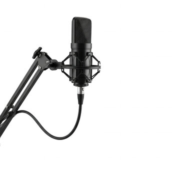 Professional studio condenser microphone with boom arm for podcasting recording and music production transparent background