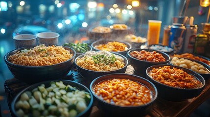 Midnight snack session with bowls of ramyeon cold cucumber kimchi and spicy fried chicken on a table illuminated by soft lighting