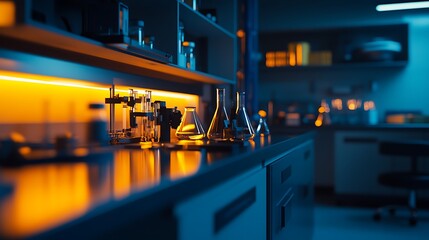 A modern laboratory interior with blue and orange lighting features scientific equipment and glassware on a clean, reflective countertop