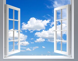 Open window, bright blue sky with puffy white clouds