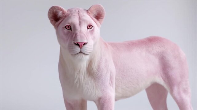 A striking  portrait of a pink lioness against a neutral backdrop.