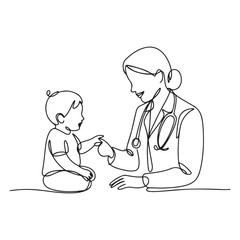 Single continuous line Art drawing of young female pediatric doctor invited cute baby toddler patient to play and follow her instruction. with white background