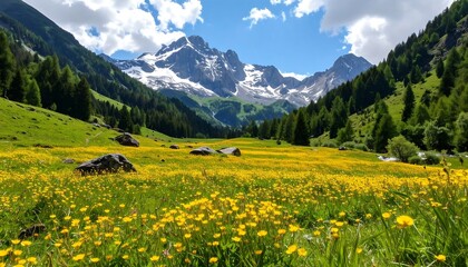 Sunny alpine meadow with wildflowers, mountains, and glaciers