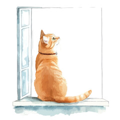 Watercolor Illustration of Ginger Cat Gazing Out Window with Curiosity