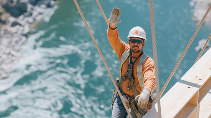 Fototapeta premium A crane operator lifts a steel girder at a bridge site with cables taut workers signaling below a river flowing beneath and a safety sign glowing shown in a high angle photo