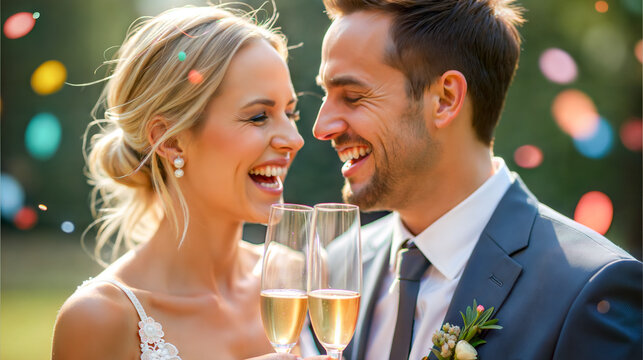 Joyful couple toasting champagne at a wedding