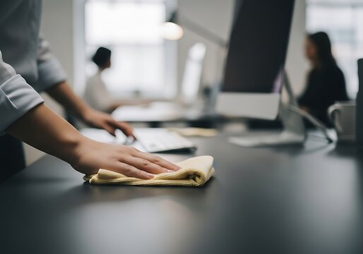 Office Cleaning, Desk Wipe Down, Professional Workplace.