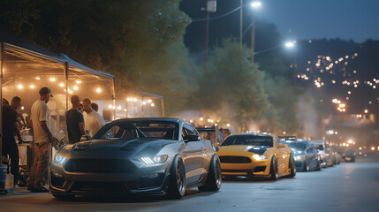 An adrenaline fueled group of racers gathers at a foggy industrial park edge with sleek vehicles lined up mechanics tweaking suspensions under portable lights spectators placing