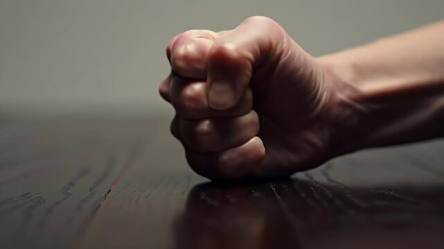 Close-up of tense clenched fist pounding on a dark wood table, expressing anger and frustration