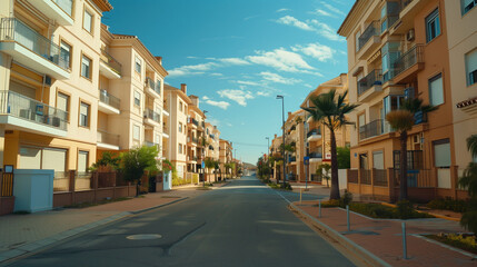 Obraz premium Generic stock image of a residential urban street with apartment buildings, balconies, asphalt road and sidewalks, created for real estate and housing use in southern Europe. Not a specific location. 